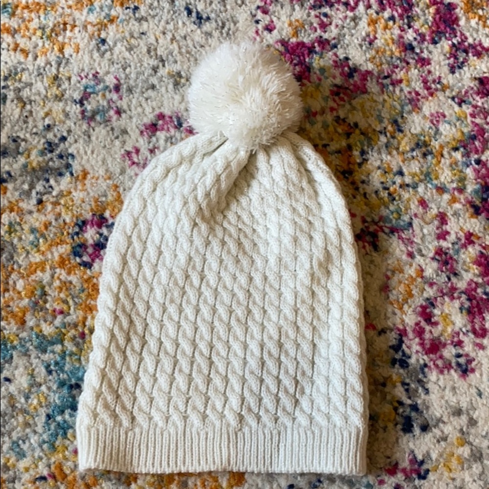 Cute white beanie hat with sparkles Pom Pom